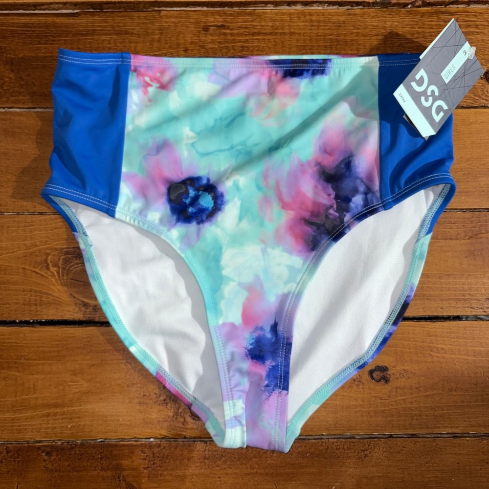 DSG Swim Bottom Girls XL 16 Blue Floral High Waisted Inky Overdye Cool DSG8127